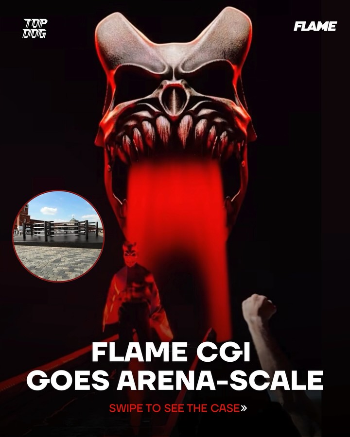 First slide of TOP DOG · CGI at arena scale on FLAME CGI Instagram